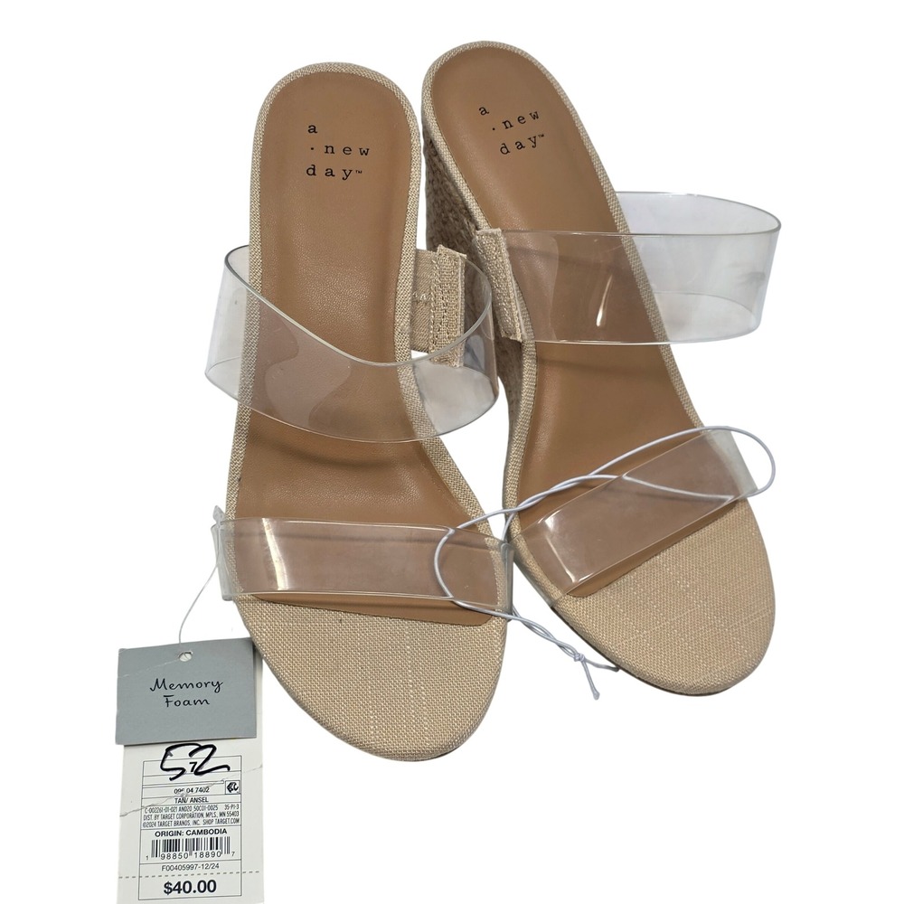 A New Day Ansel Womens Tan Clear Wedge Sandals Espadrille Memory Foam Size 7 - Picture 2 of 2